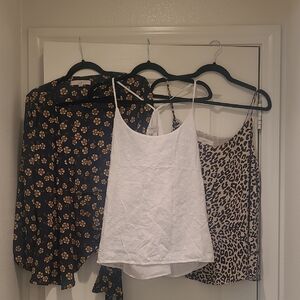 LOFT Black Floral Blouse, White Cami, and Tan Leopard Top